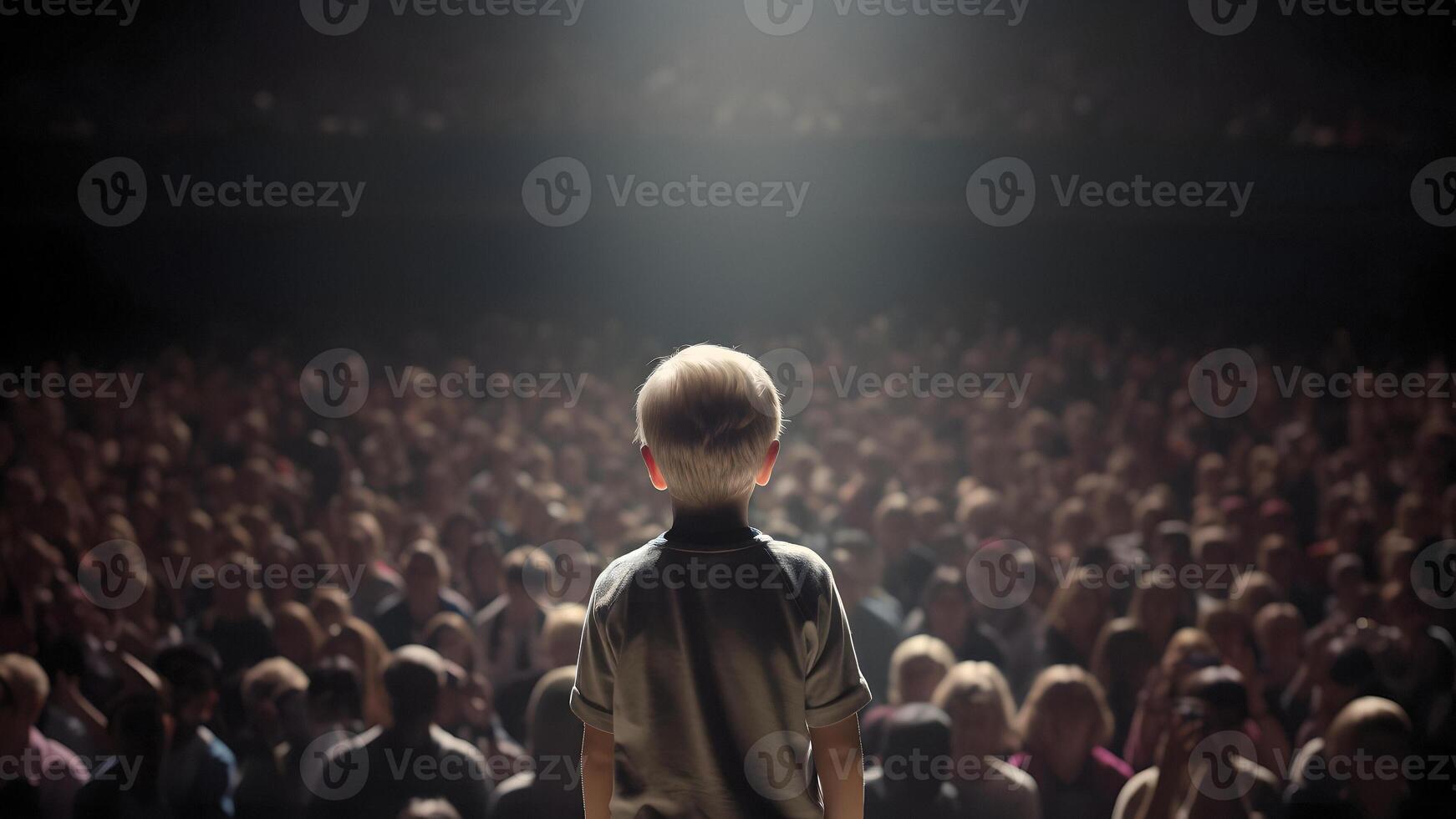 AI generated Small child gives a speech on stage in front of thousands people crowd, view from behind, neural network generated picture photo