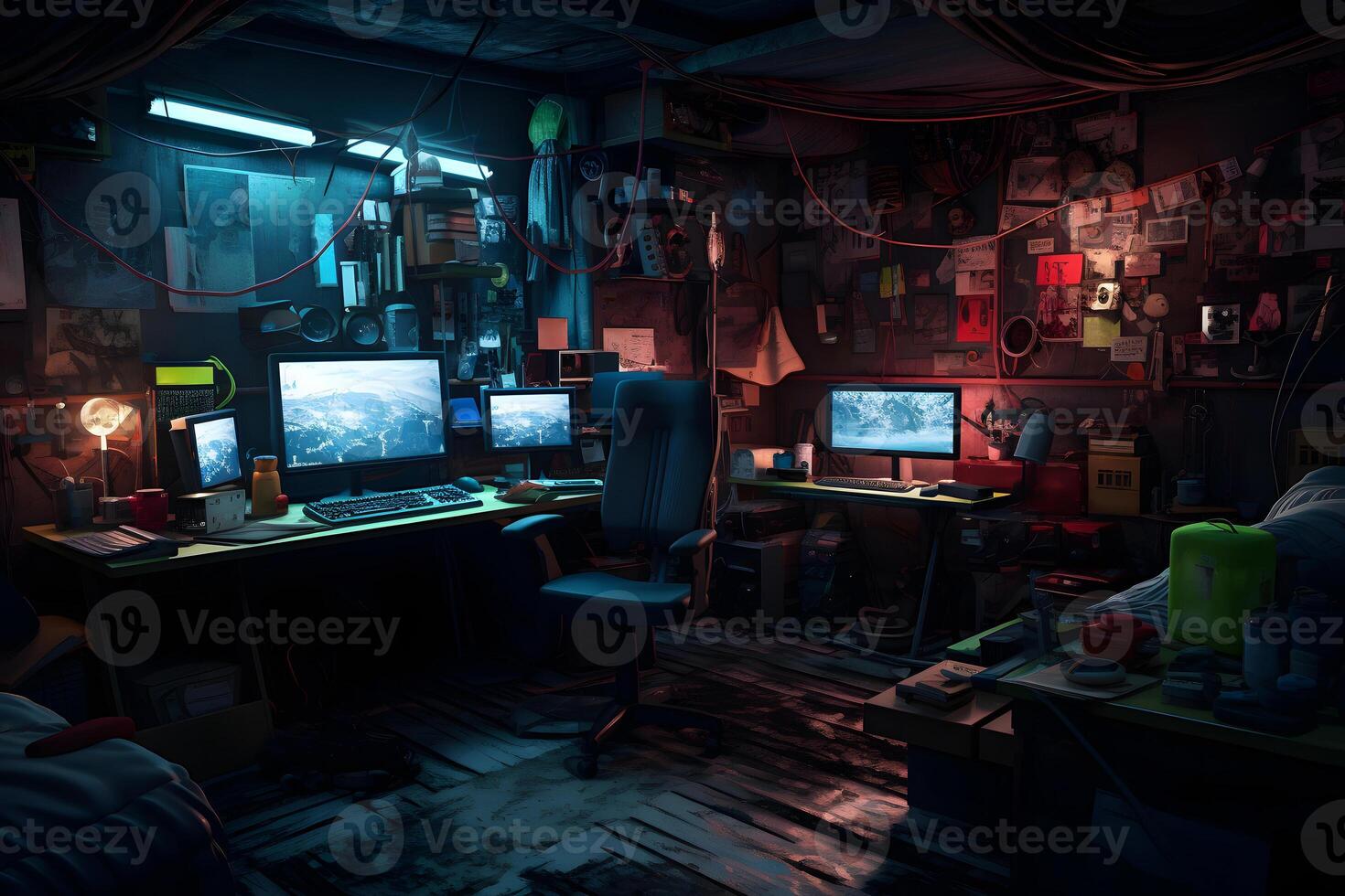 AI generated Messy and dark cyberpunk hacker hideout room. Neural network generated image photo