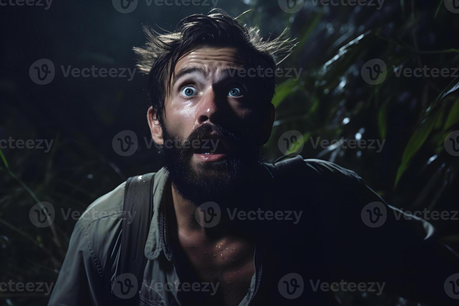 AI generated scared Caucasian young adult man lost in bushes at summer night, neural network generated photorealistic image photo