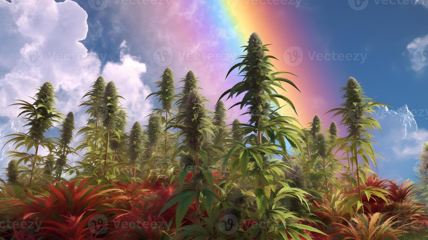 AI generated a marijuana plants with a rainbow in the sky behind it, neural network generated image photo