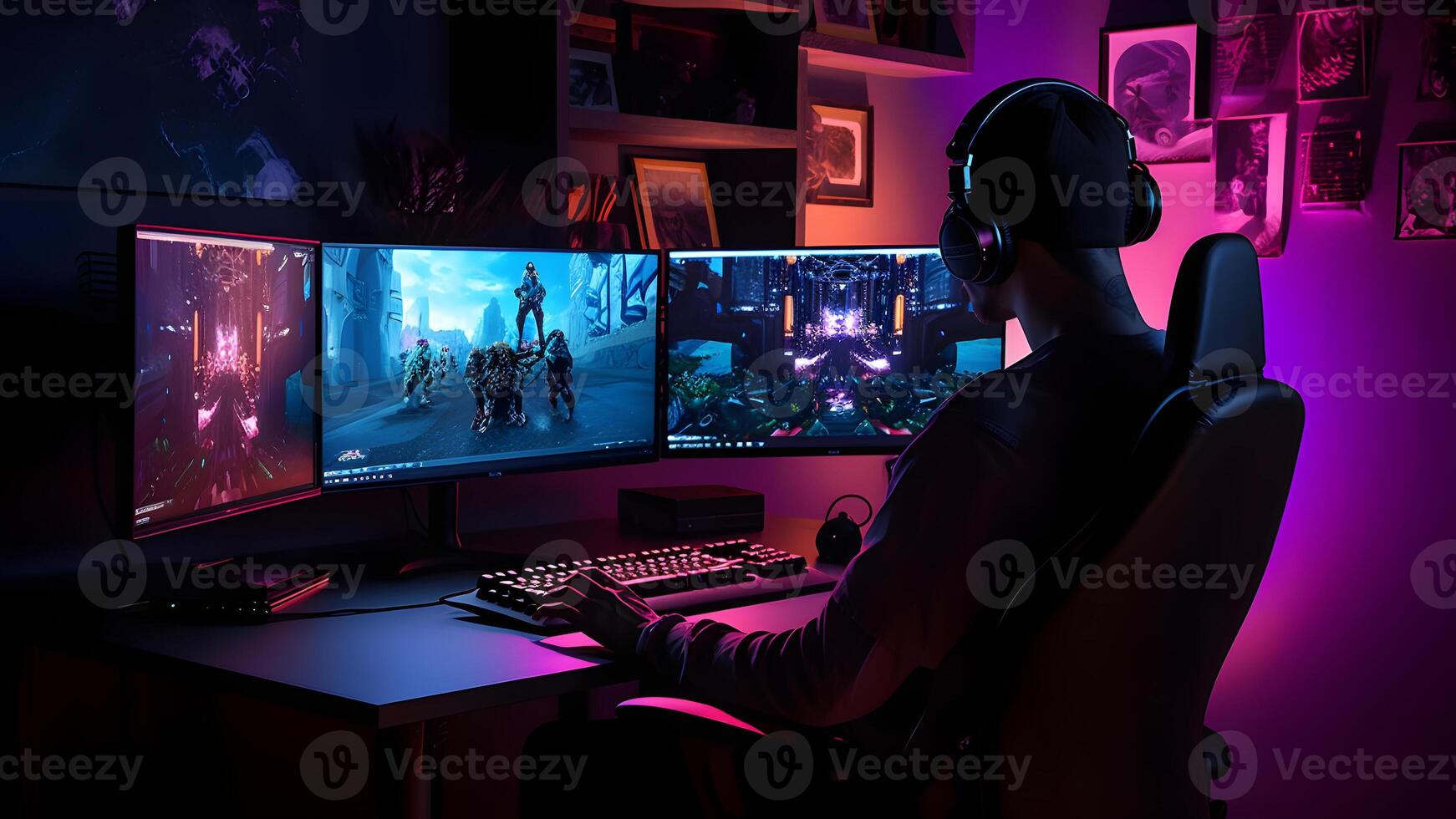 AI generated A multi monitor gaming setup with a high-performance gaming computer with RGB lighting, a gamer seated on an ergonomic chair and using a gaming mouse and keyboard photo