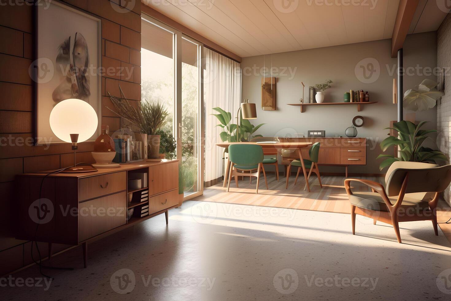 AI generated photorealistic mid century interior with sunlight from windows at summer day, neural network generated photorealistic image photo