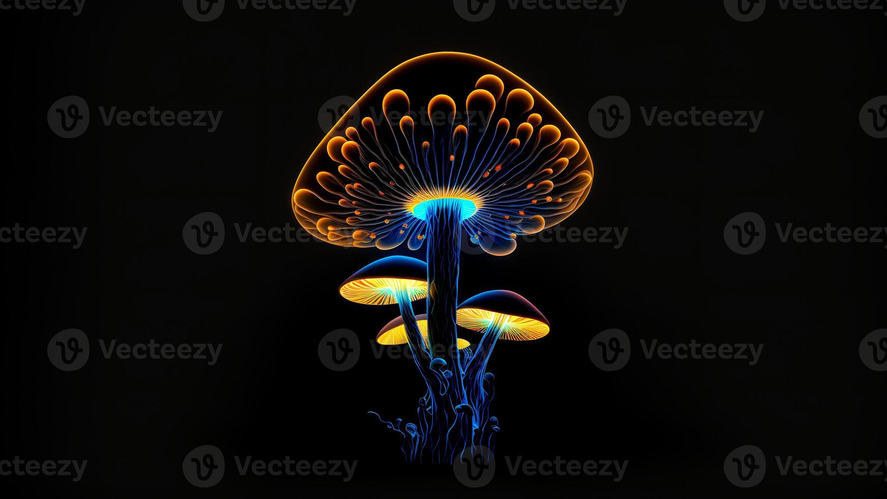 AI generated glowing magic mushroom on black background, neural network generated art photo