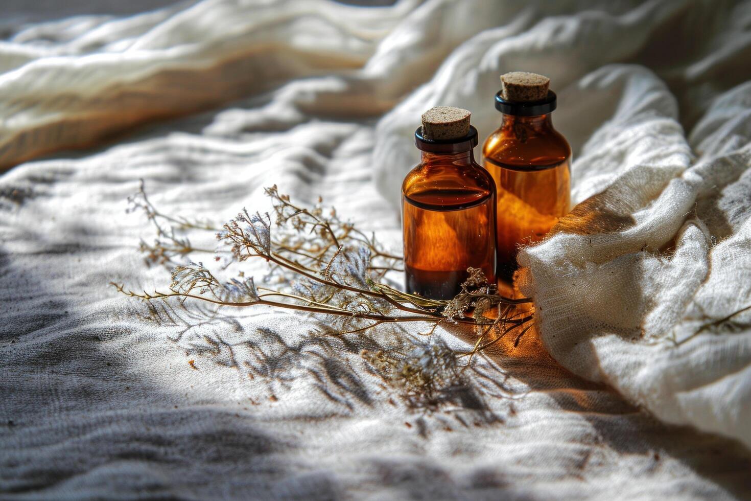 AI generated two bottles and 2 small plants laying on a cloth photo