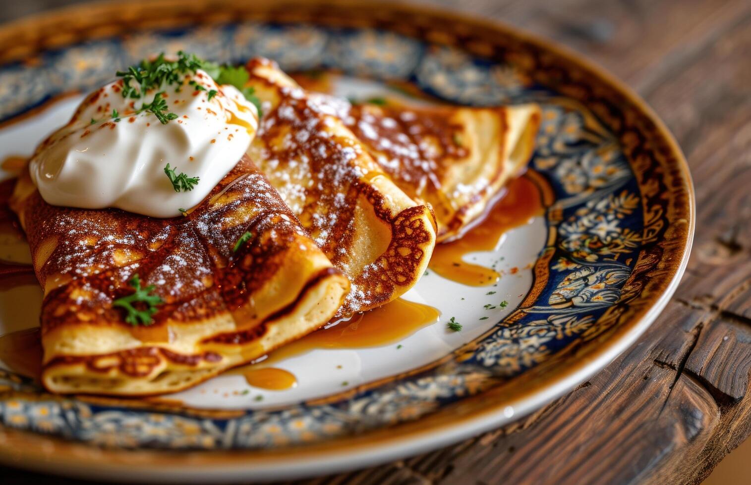 AI generated three pancakes and yogurt on a plate photo