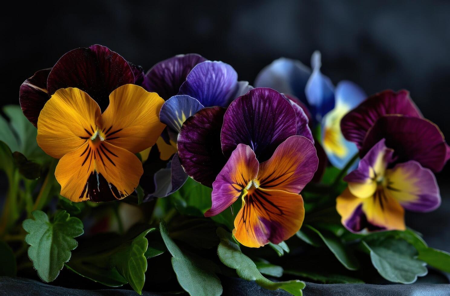 AI generated these colorful pansies are sitting in the bottom of a black room photo