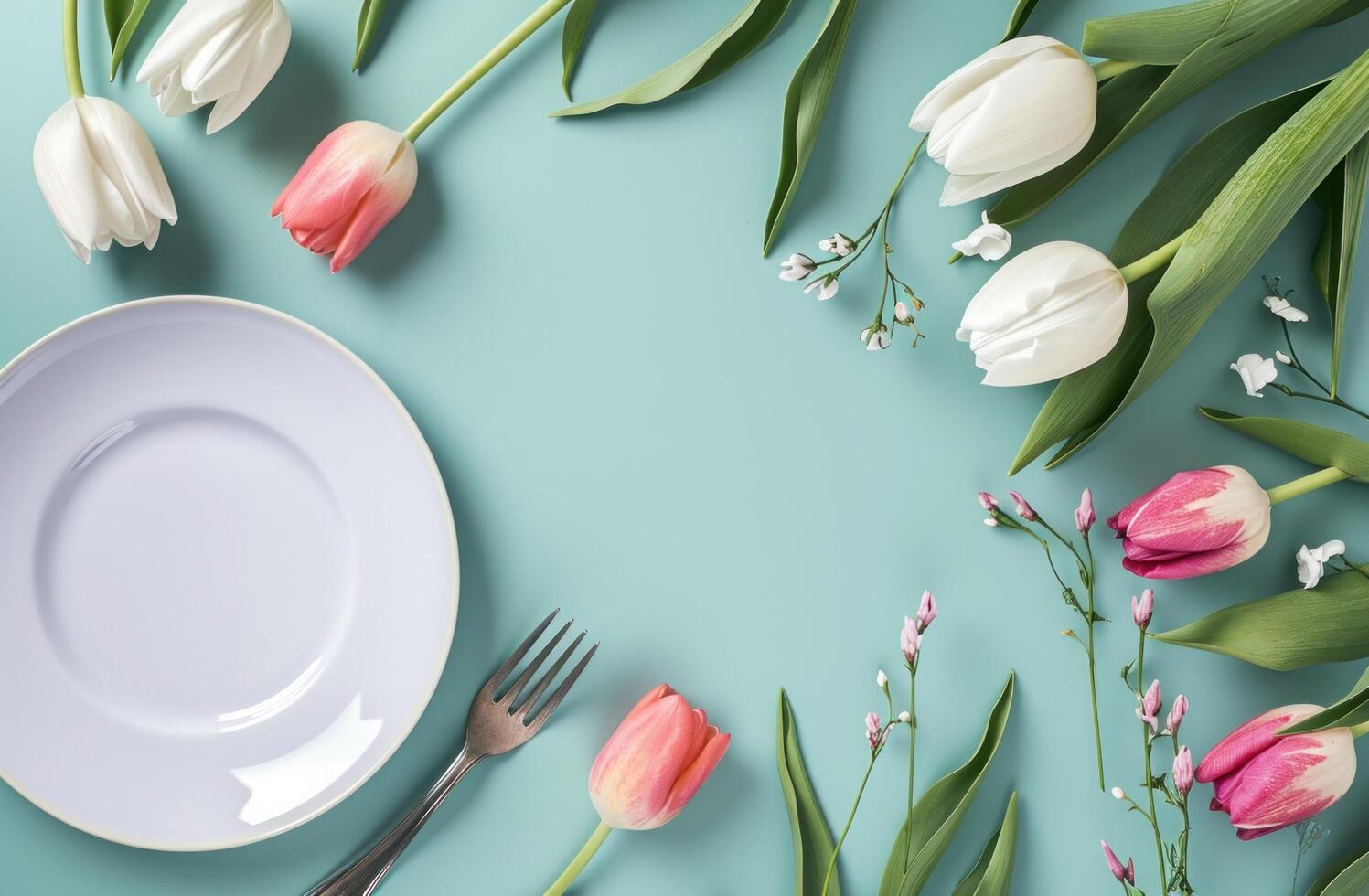 AI generated tulips, paper plate, and a blank frame photo