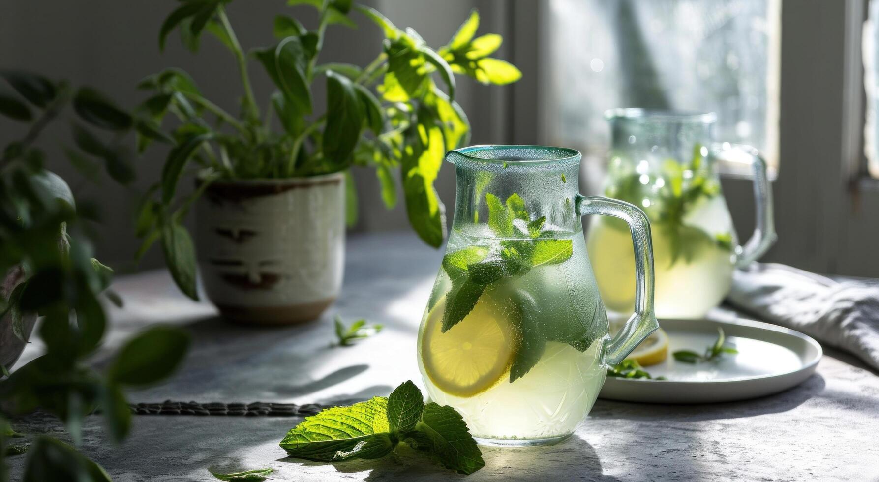 AI generated two pitchers of lemon water with mint leaves photo