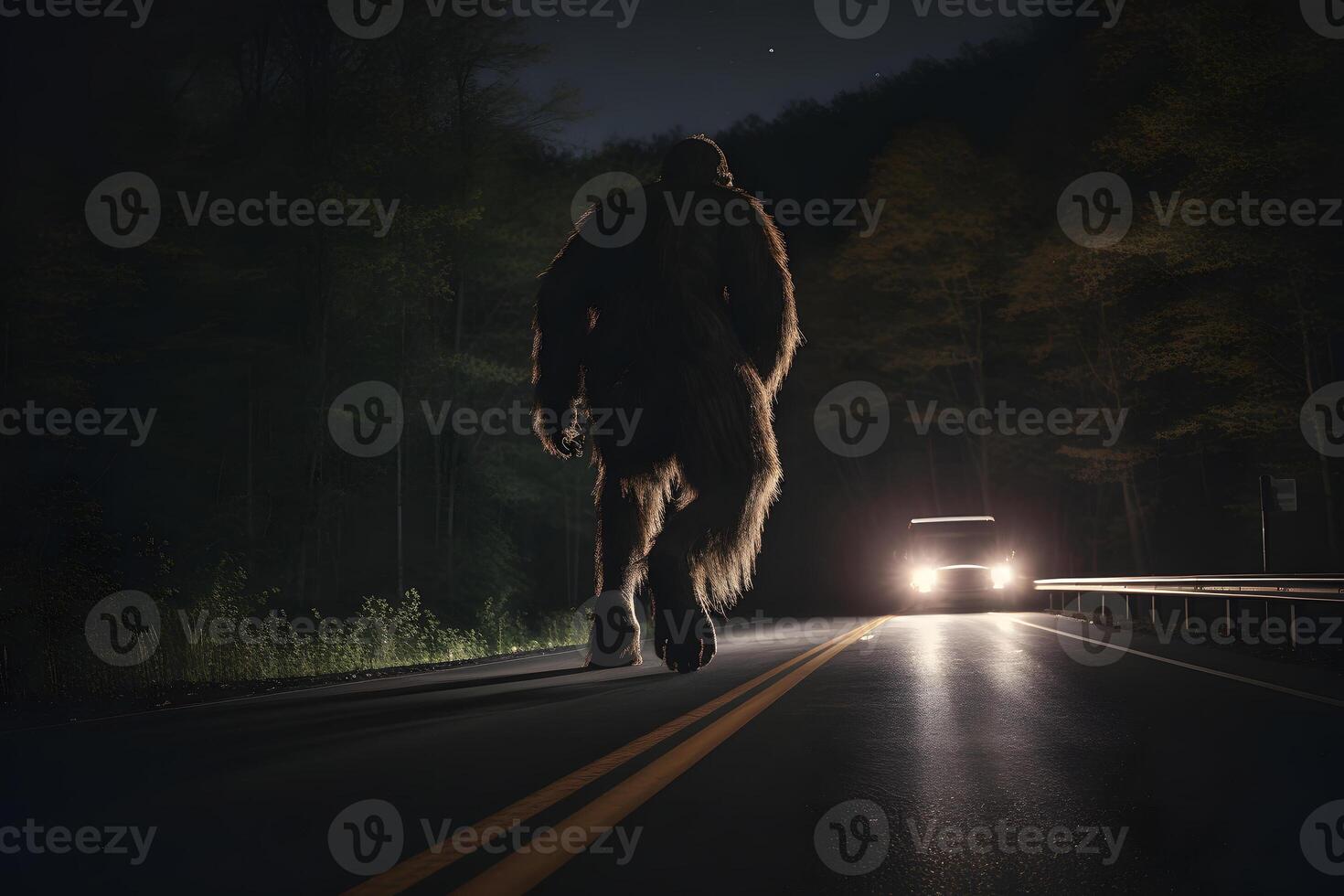 AI generated bigfoot running along interstate forest road at night in light of car headlights, neural network generated photorealistic image photo