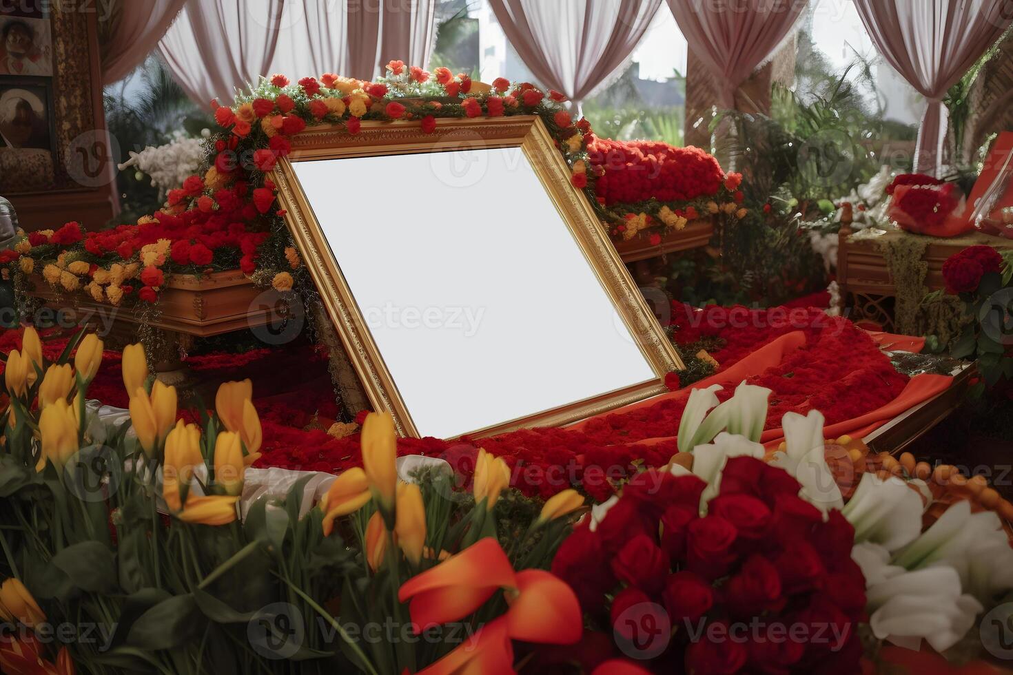AI generated dictator funeral mockup, coffin with blank portrait board surrounded with large quantity of flowers, neural network generated art photo