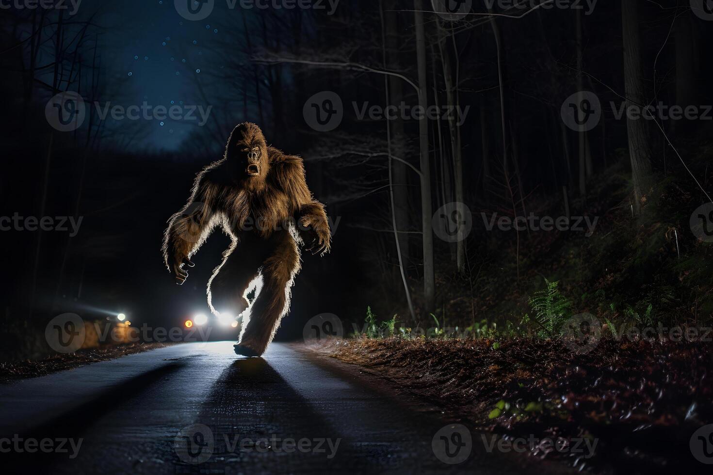 AI generated bigfoot running along interstate forest road at night in light of car headlights, neural network generated photorealistic image photo