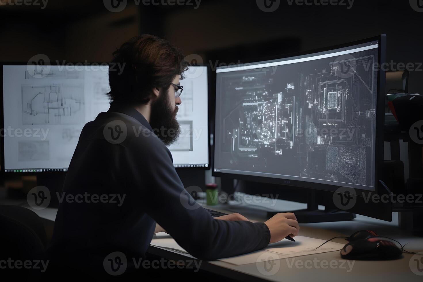 AI generated Over the Shoulder view of an Engineer Working with CAD Software using two large computer screens, neural network generated photoreaslistic image photo