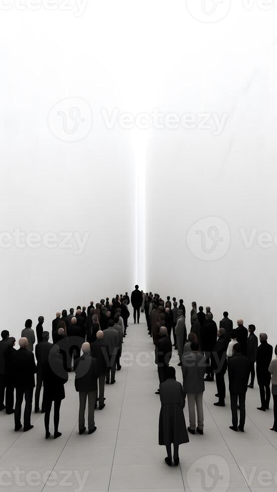 AI generated big crowd of people in large white room, neural network generated image photo