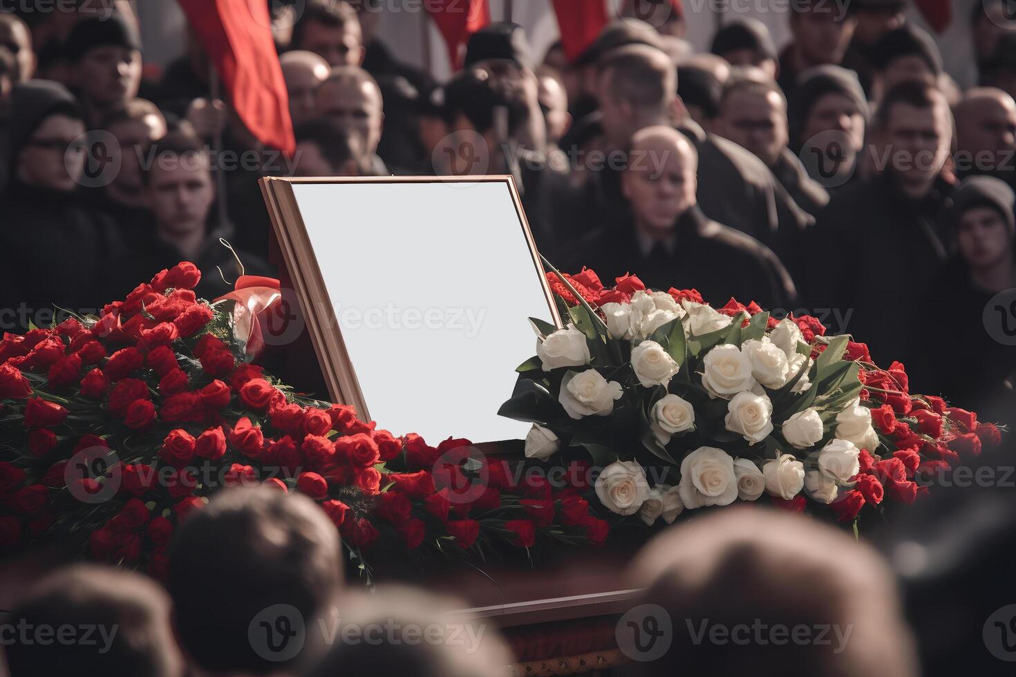 AI generated dictator funeral mockup, coffin with blank portrait board surrounded with flowers and blurry crowd of people, neural network generated art photo