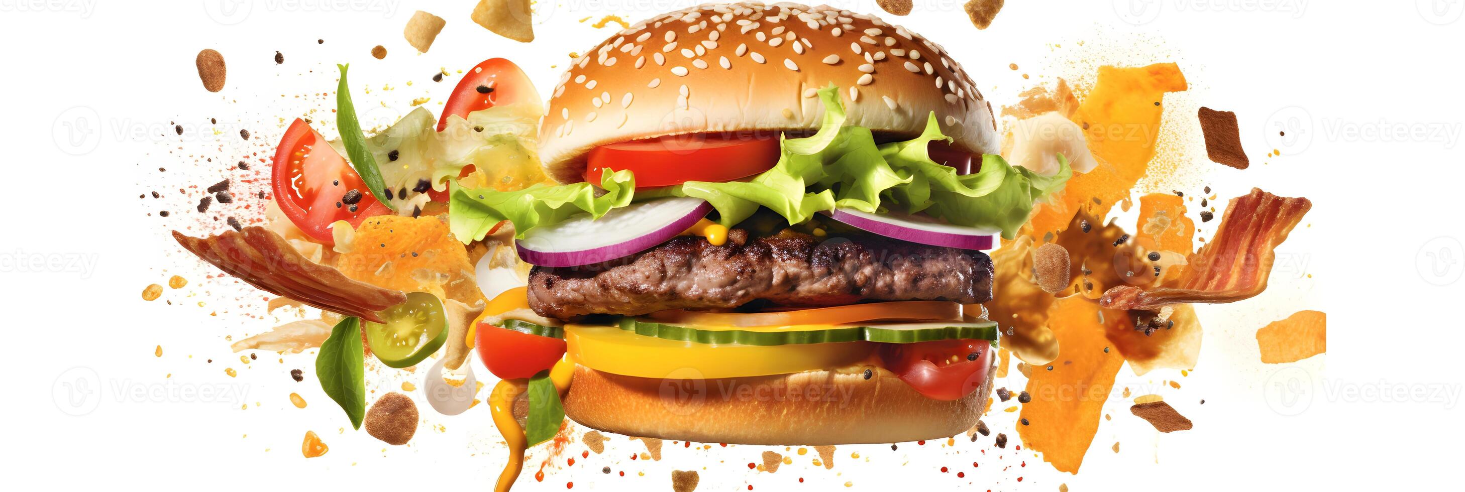AI generated hamburger flying on white background, neural network generated photorealistic image photo