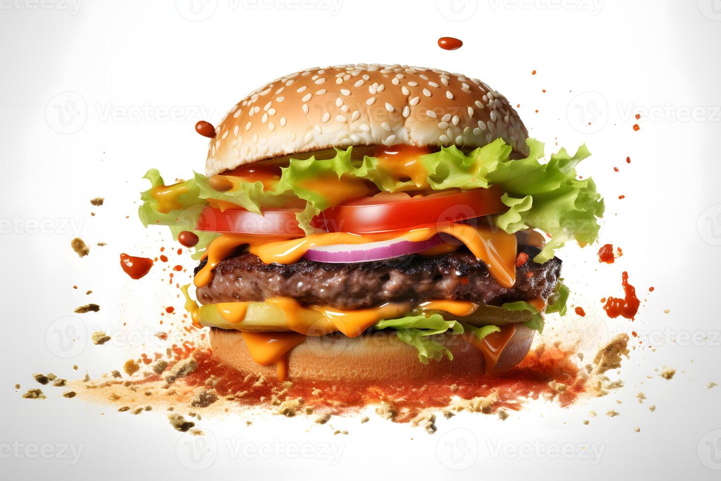AI generated hamburger flying on white background, neural network generated photorealistic image photo