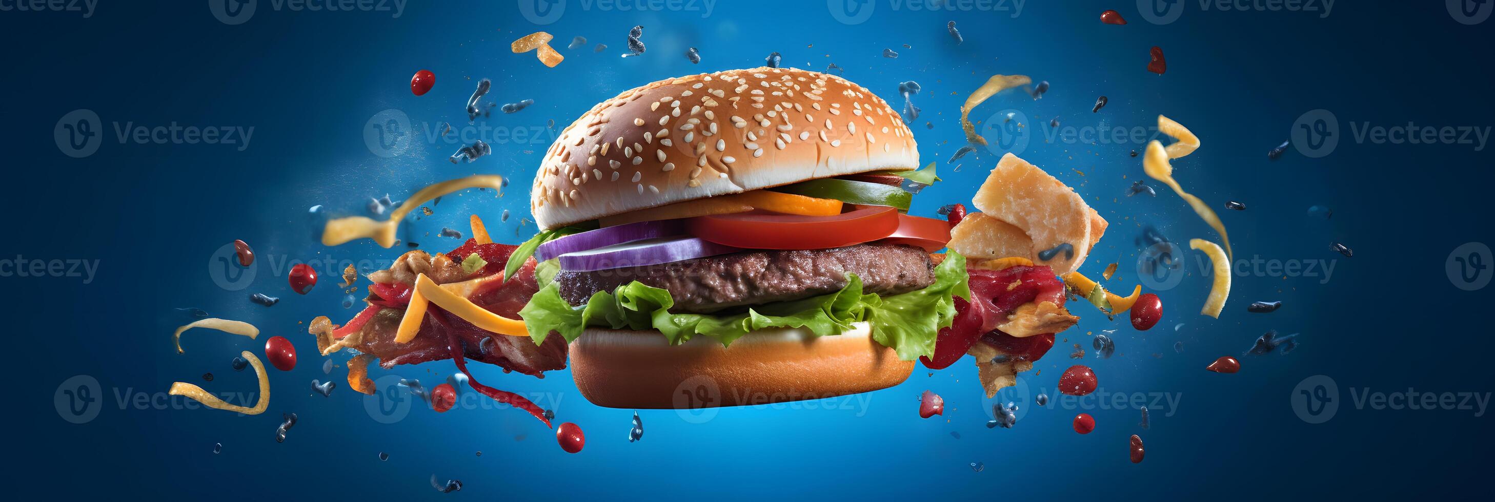 ai generado hamburguesa volador en azul fondo, neural red generado fotorrealista imagen foto