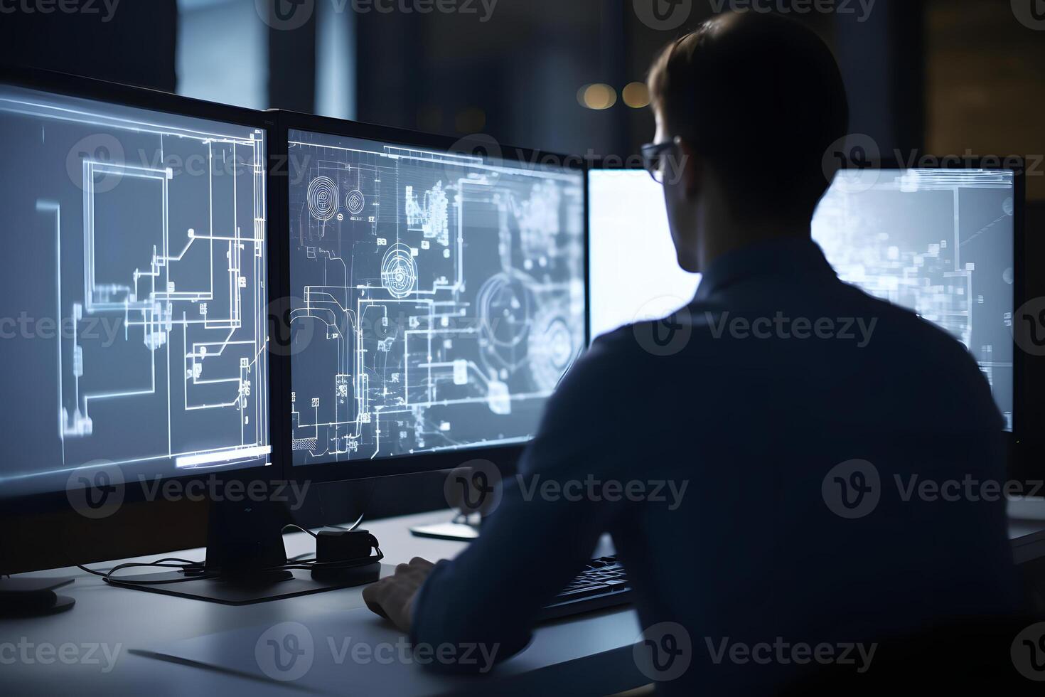 AI generated Over the Shoulder view of an Engineer Working with CAD Software using three large computer screens, neural network generated photoreaslistic image photo