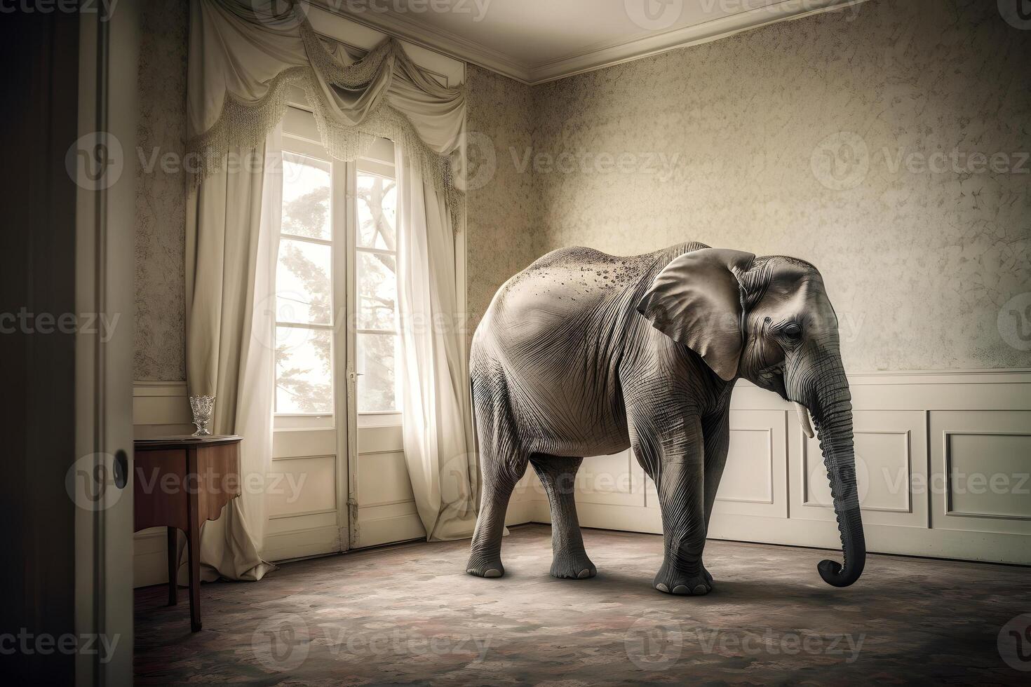 AI generated elephant in the room, neural network generated photorealistic image photo