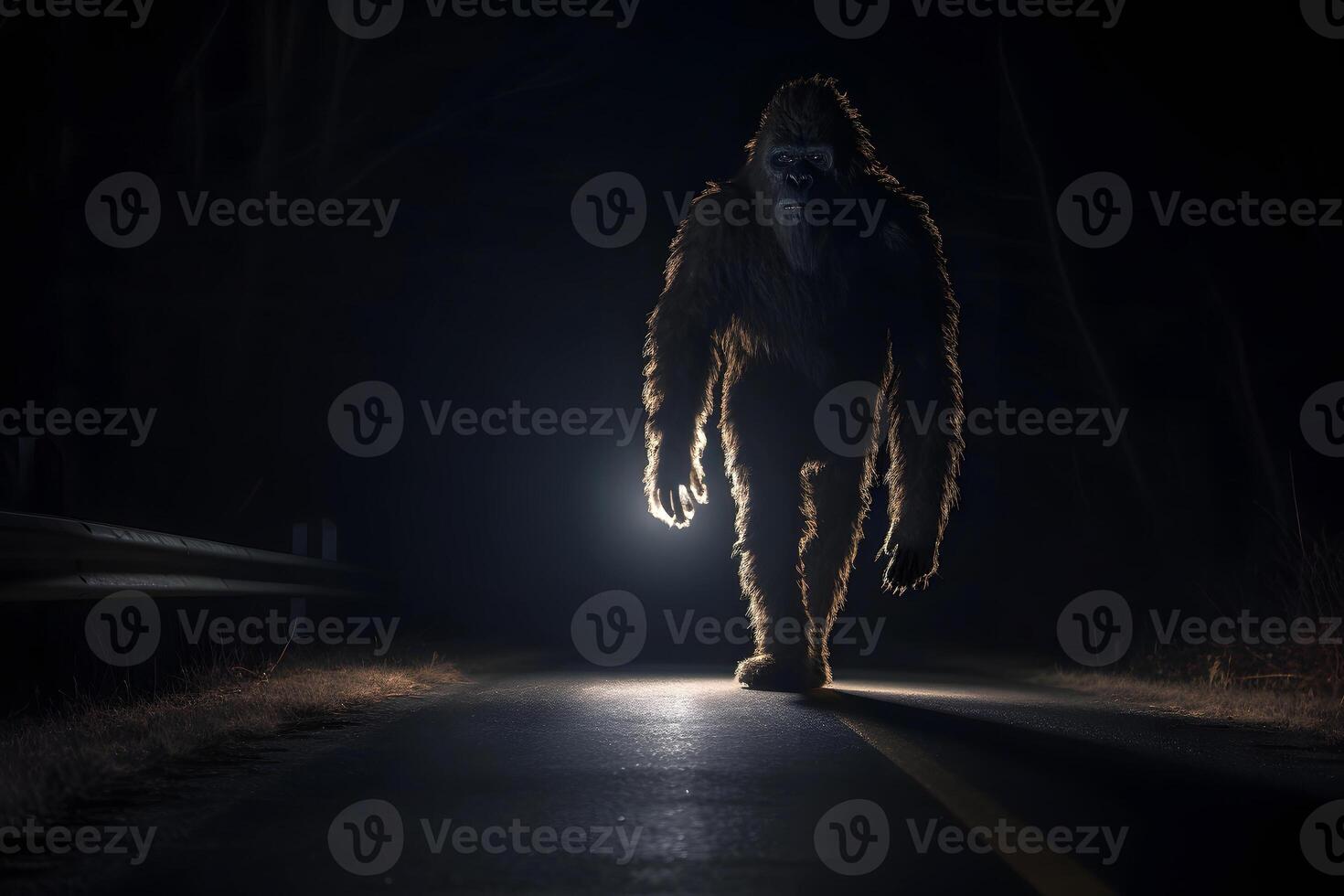 AI generated bigfoot running along interstate forest road at night in light of car headlights, neural network generated photorealistic image photo