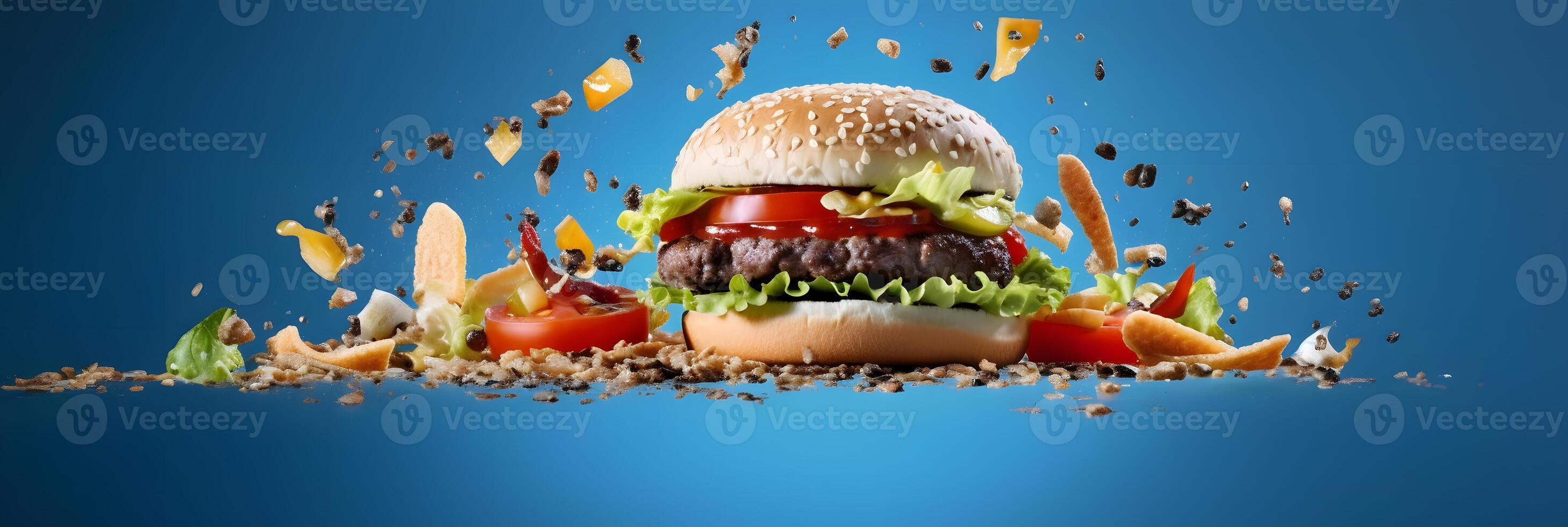 AI generated hamburger flying on blue background, neural network generated photorealistic image photo