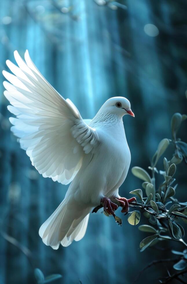 AI generated white dove flying free in a light evening photo