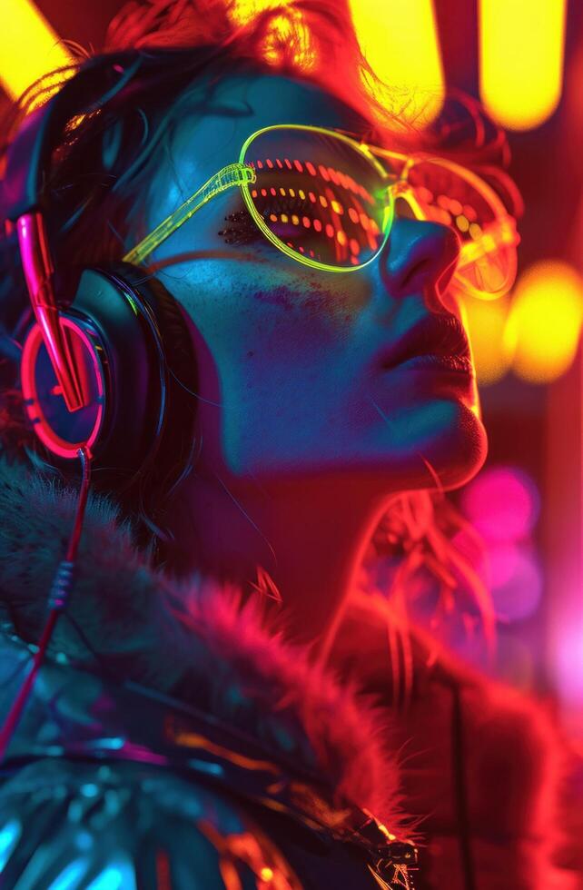 AI generated woman in colorful glasses and neon colored headphones photo