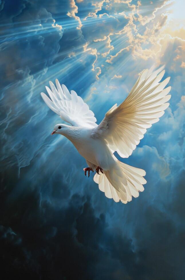 AI generated white dove flying free in a light evening photo