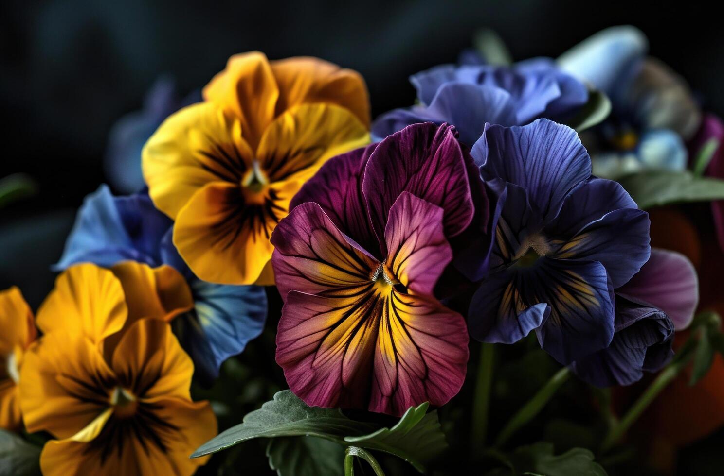 AI generated these colorful pansies are sitting in the bottom of a black room photo