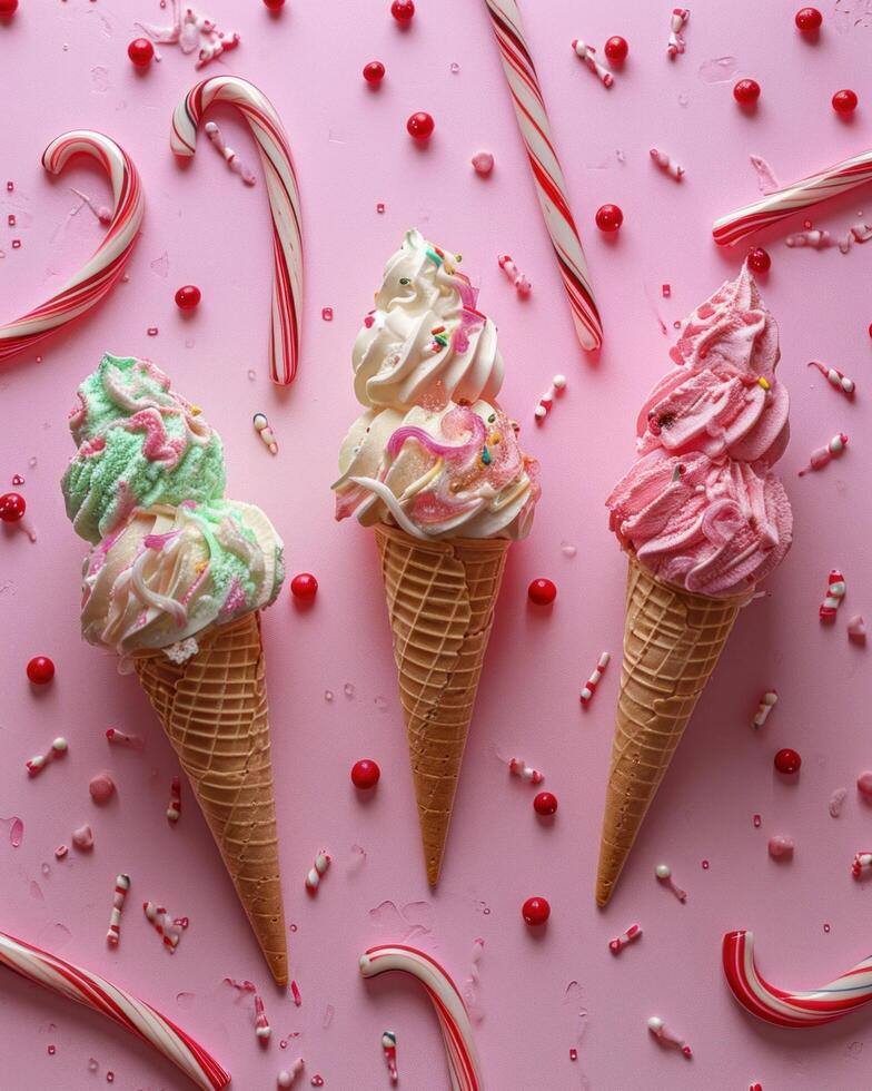 ai generado Tres vistoso hielo crema conos norte un rosado antecedentes son rodeado por caramelo bastones foto