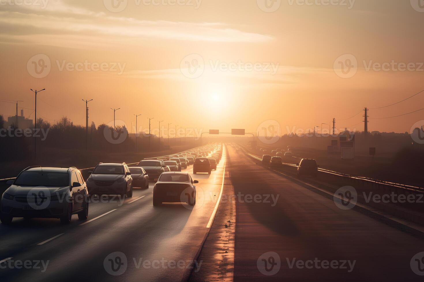 AI generated highway traffic in sunrise or sunset, neural network generated photorealistic image photo