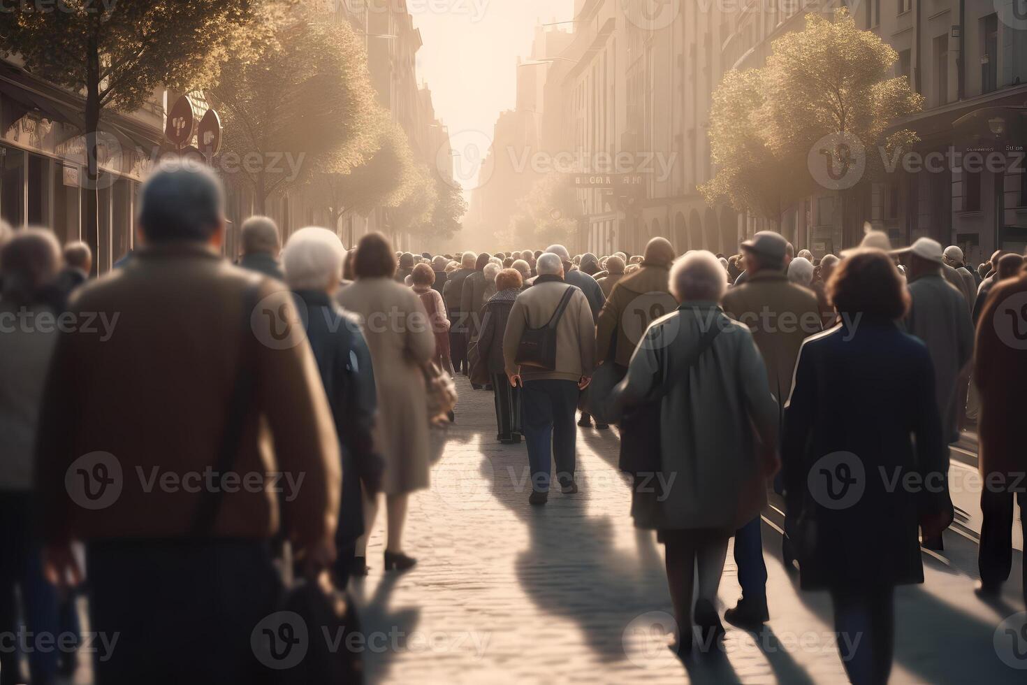 ai generado multitud de personas caminando en ciudad calle a brumoso mañana, neural red generado fotorrealista imagen foto