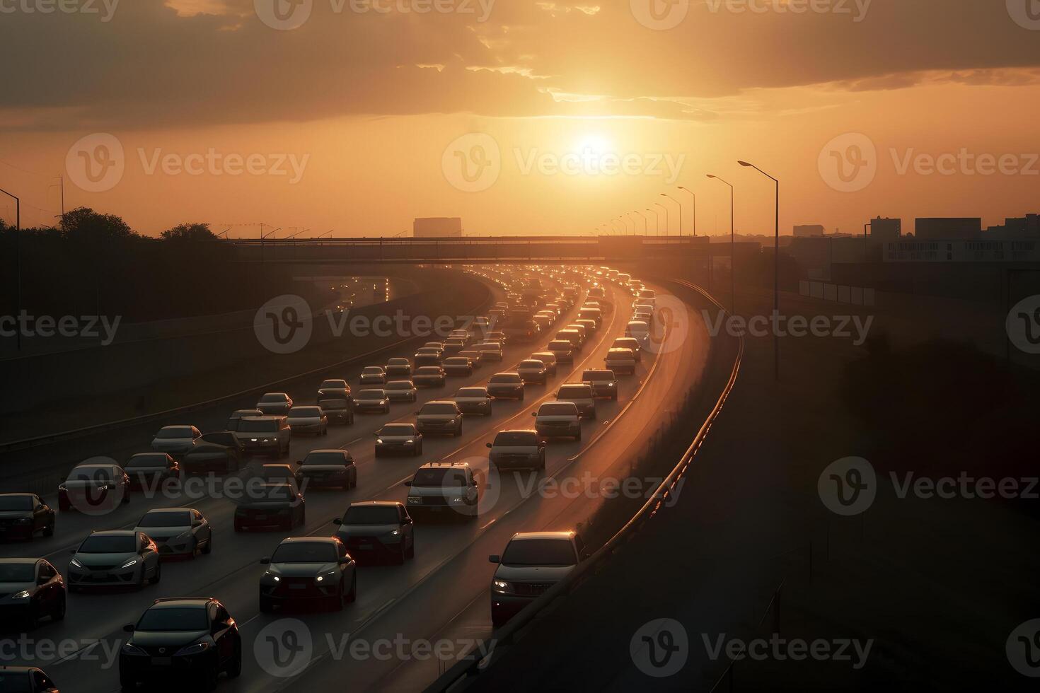 AI generated highway traffic in sunrise or sunset, neural network generated photorealistic image photo