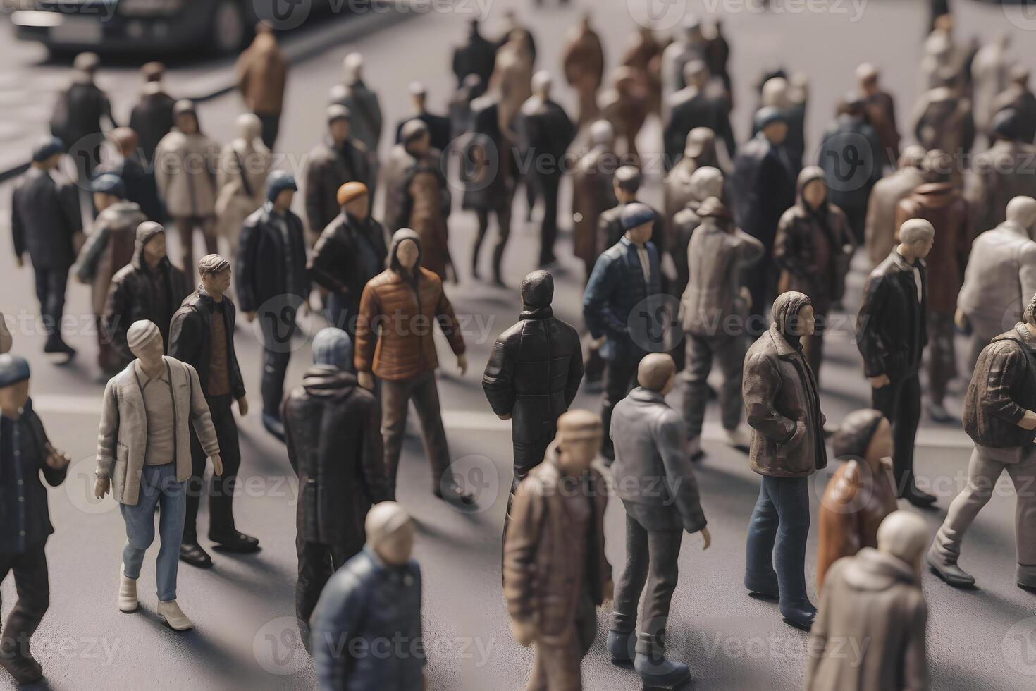 AI generated crowd of people walking on city street at summer morning, neural network generated image photo