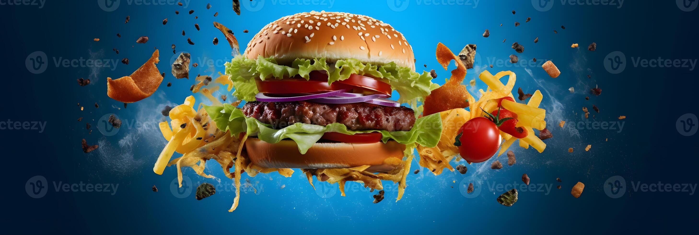 ai generado hamburguesa volador en azul fondo, neural red generado fotorrealista imagen foto