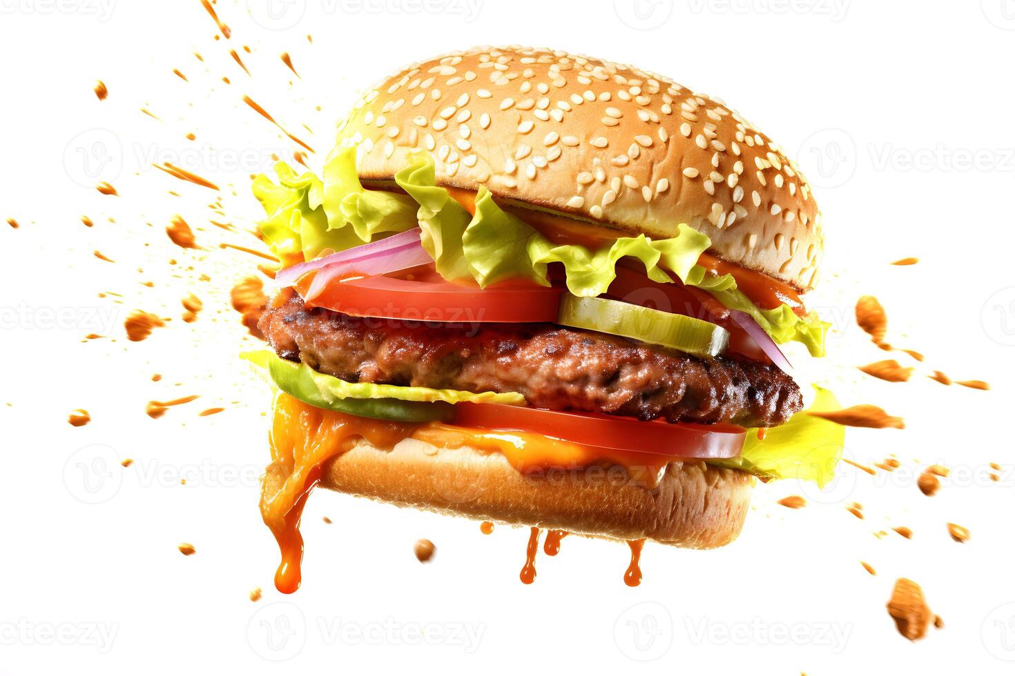 AI generated hamburger flying on white background, neural network generated photorealistic image photo