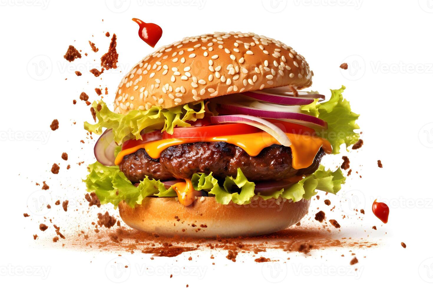 AI generated hamburger flying on white background, neural network generated photorealistic image photo