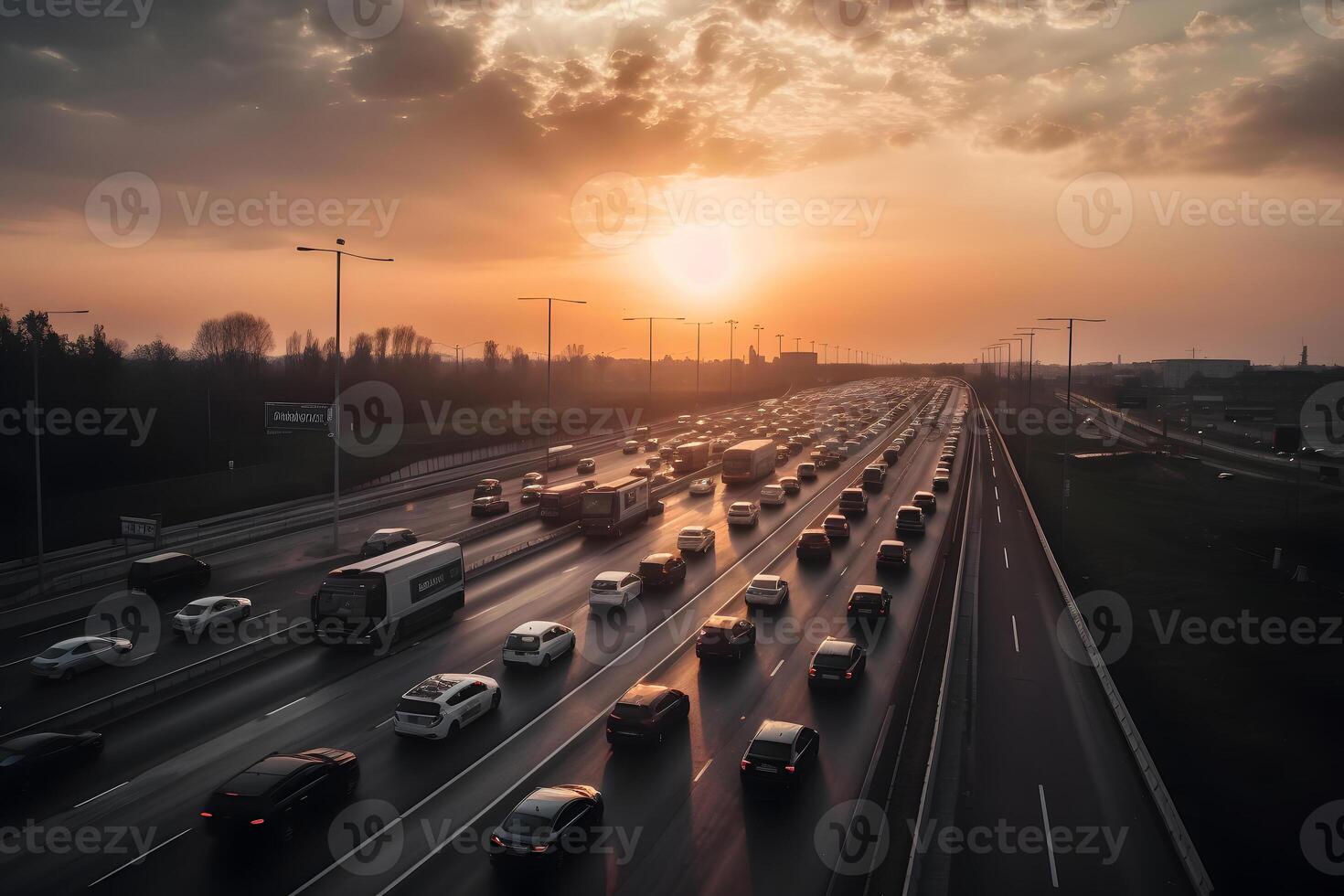 AI generated highway traffic in sunrise or sunset, neural network generated photorealistic image photo