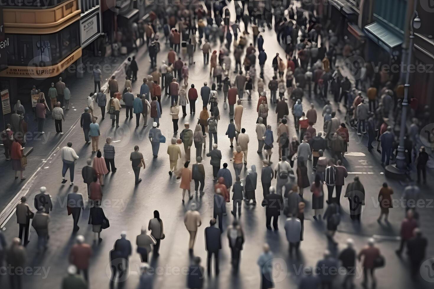 AI generated crowd of people walking on city street at summer morning, neural network generated image photo