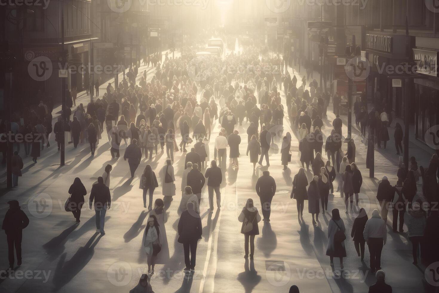 AI generated crowd of people walking on city street at foggy morning, neural network generated image photo