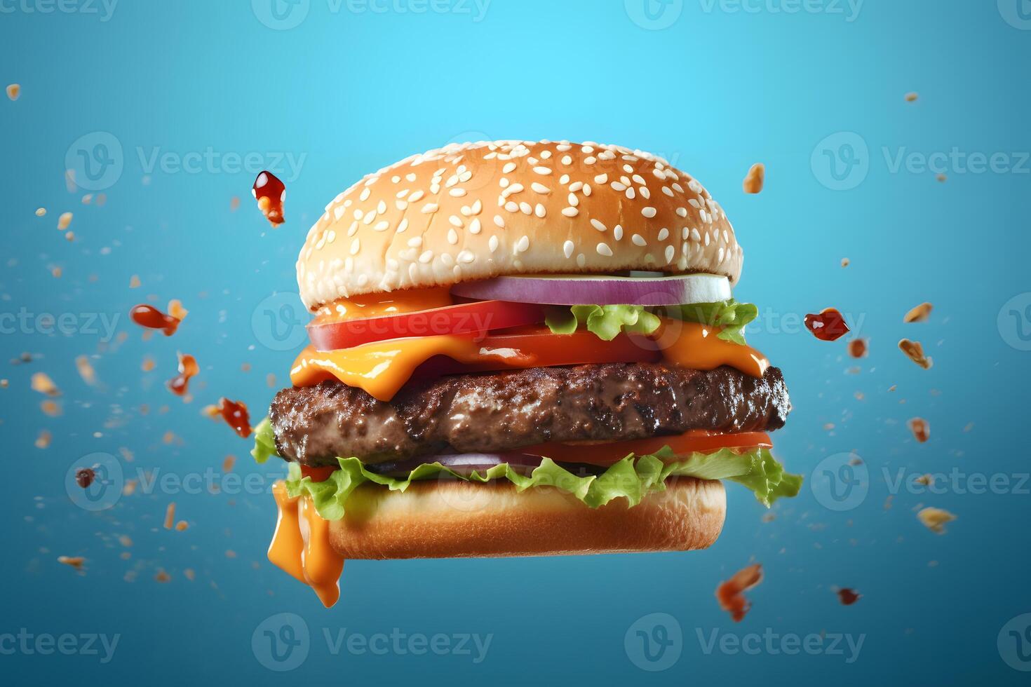 AI generated hamburger flying on blue background, neural network generated photorealistic image photo