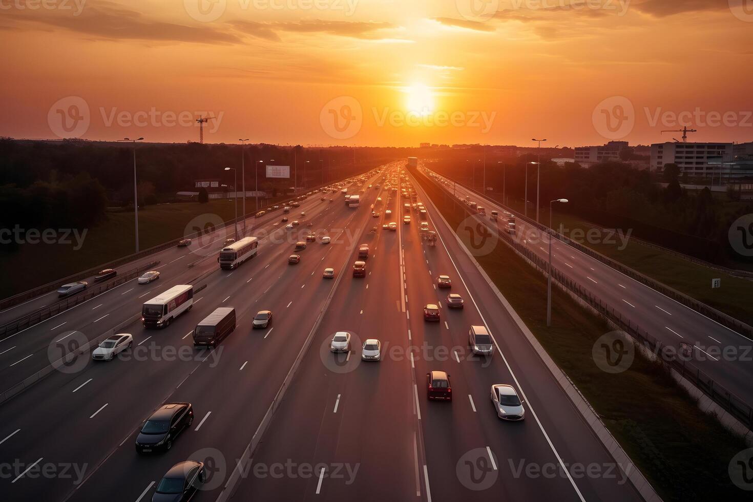 AI generated highway traffic in sunrise or sunset, neural network generated photorealistic image photo