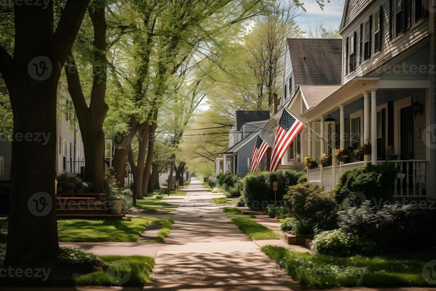 ai generado vecindario. Estados Unidos bandera ondulación en un tranquilo principal calle con americano sueño casas, neural red generado fotorrealista imagen foto