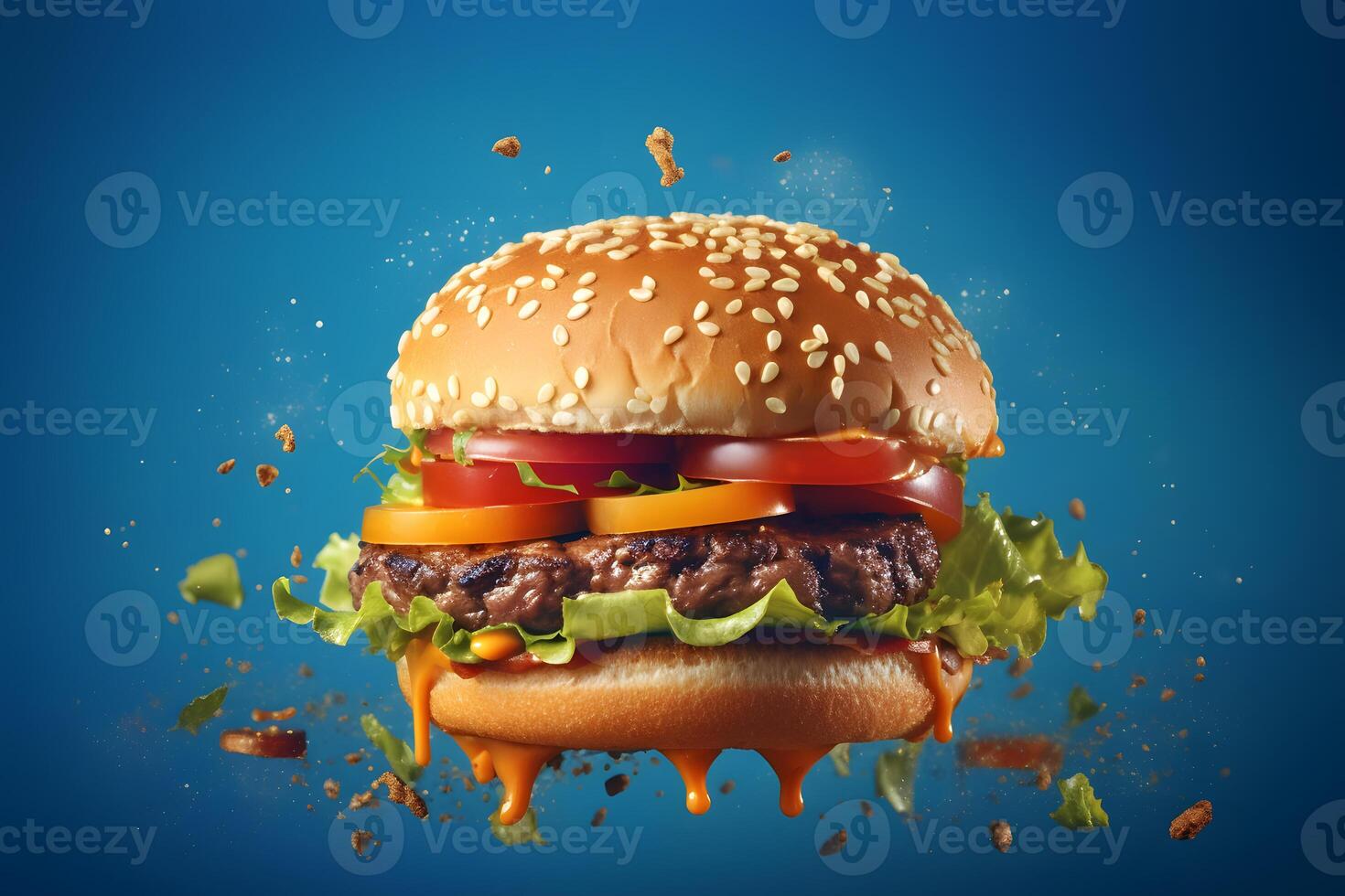 AI generated hamburger flying on blue background, neural network generated photorealistic image photo