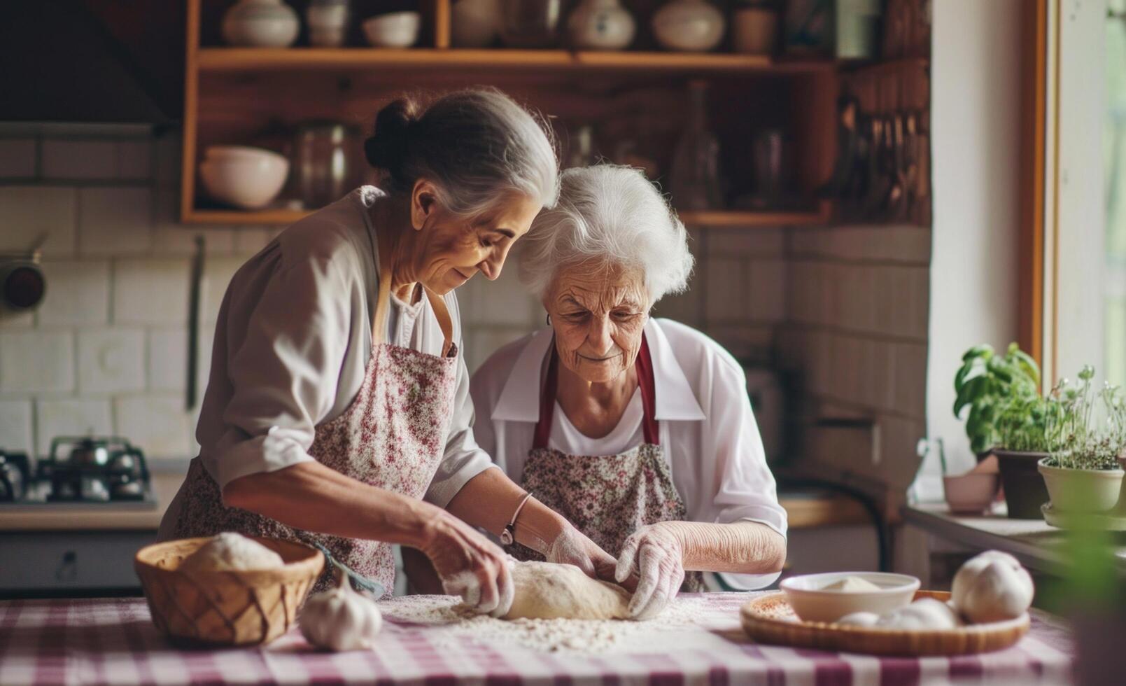 AI generated elderly woman helping her elderly daughter make dough photo