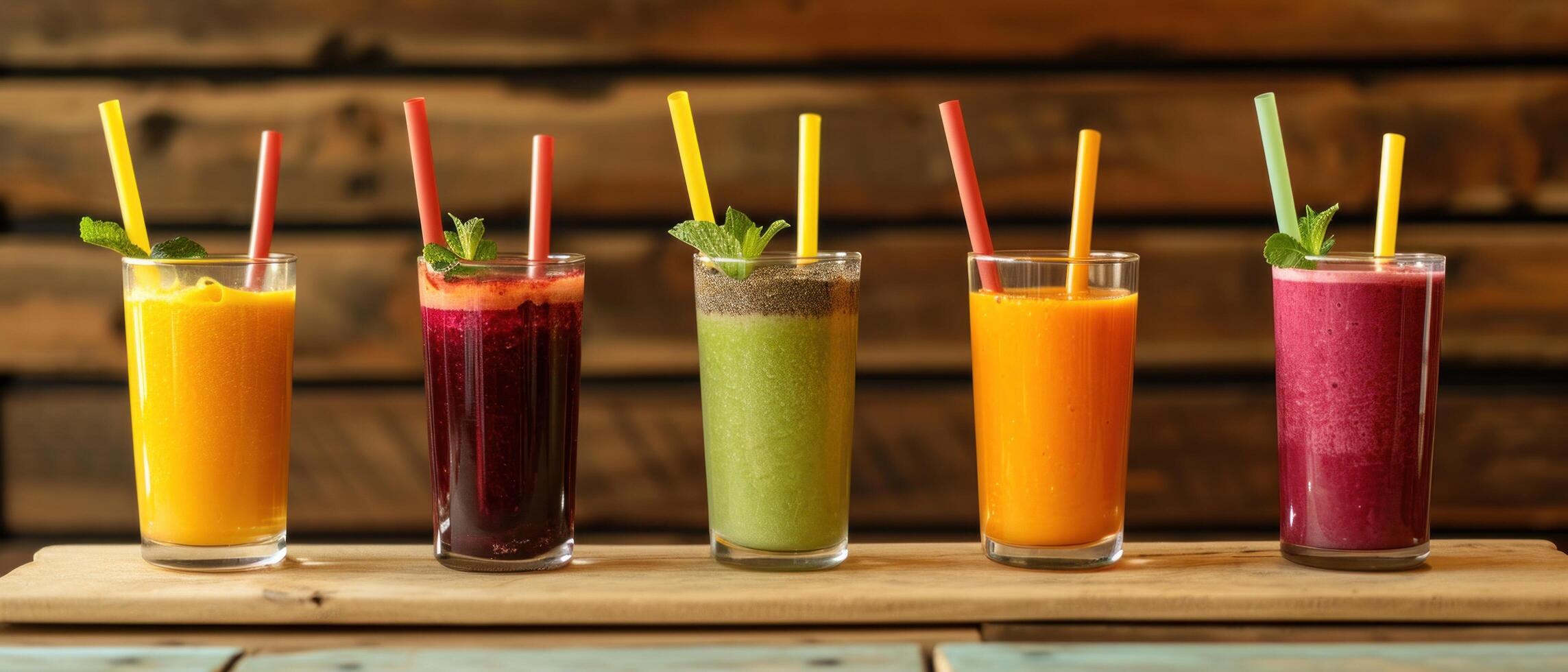 AI generated five different types of smoothies placed against a wooden board photo