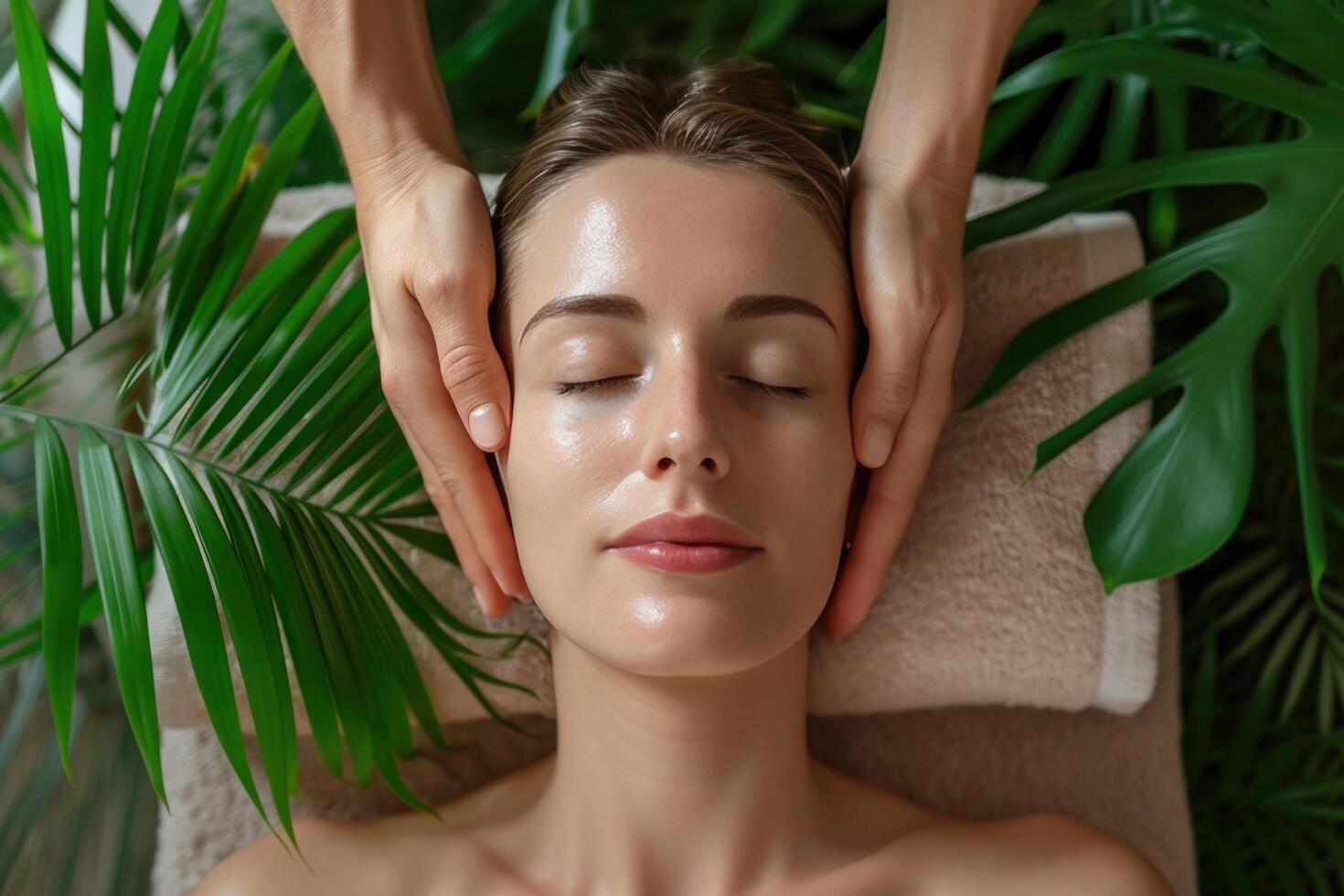 AI generated woman getting her head massage in a spa environment photo