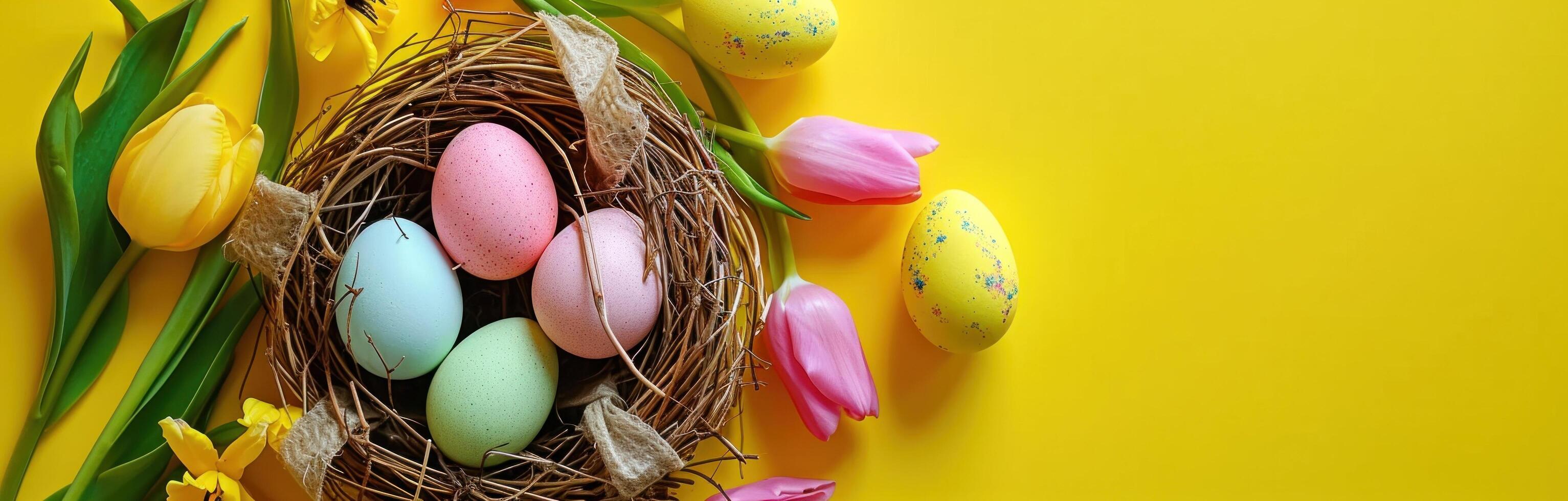 AI generated colorful easter eggs and colorful tulips in easter nest on yellow photo