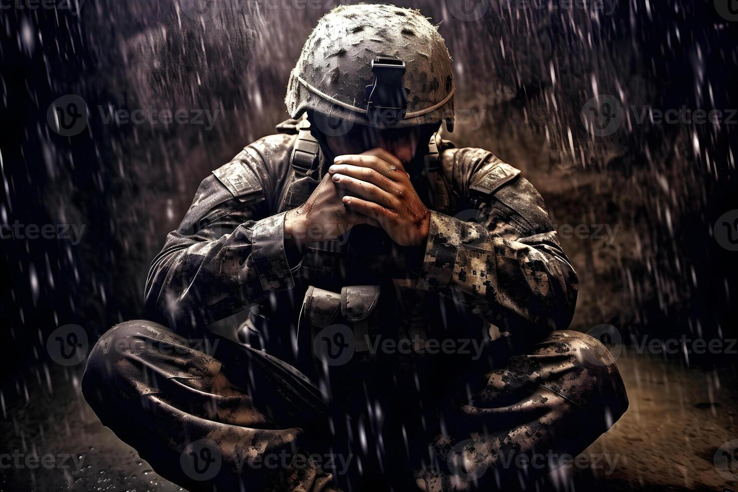 AI generated A soldier kneeling in the rain with his hands on his face, PTSD concept, neural network generated image photo