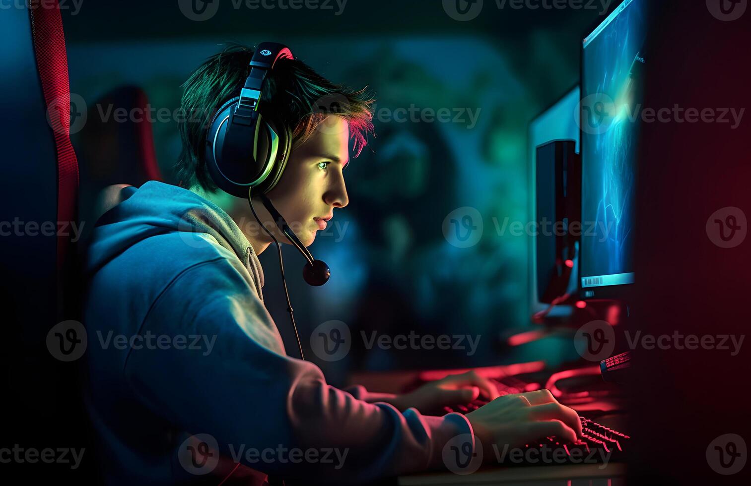 AI generated young caucasian gamer with headset playing video games with computer and multiple screens lit with saturated neon lights, neural network generated photorealistic image photo